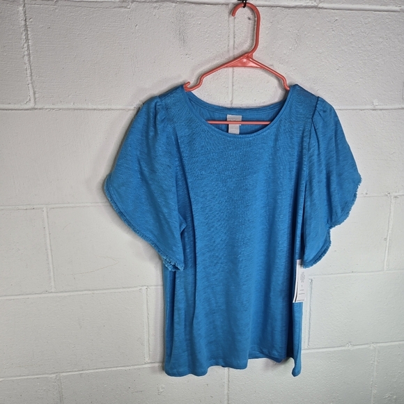Chicos Tranquil Turquoise Blue Linen Short Tulip Sleeve Tee Tshirt New - Picture 11 of 11